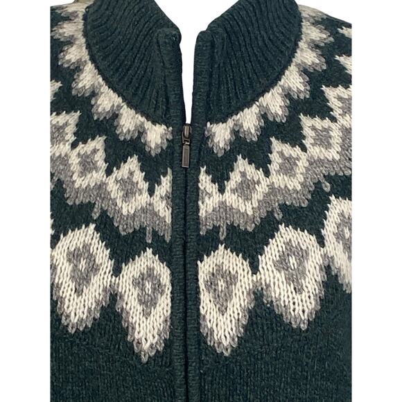 L.L. BEAN Women’s XL Petite Fair Isle Sweater 100 % Lambs Wool Green Full Zip - Picture 2 of 10